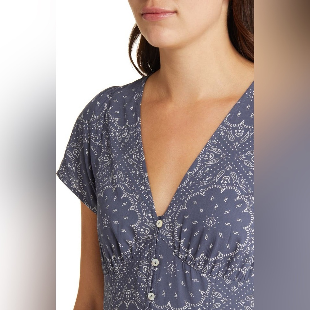 Madewell Shirred Button Front Navy Cream Paisley Print Dress Size 8 - Picture 4 of 9